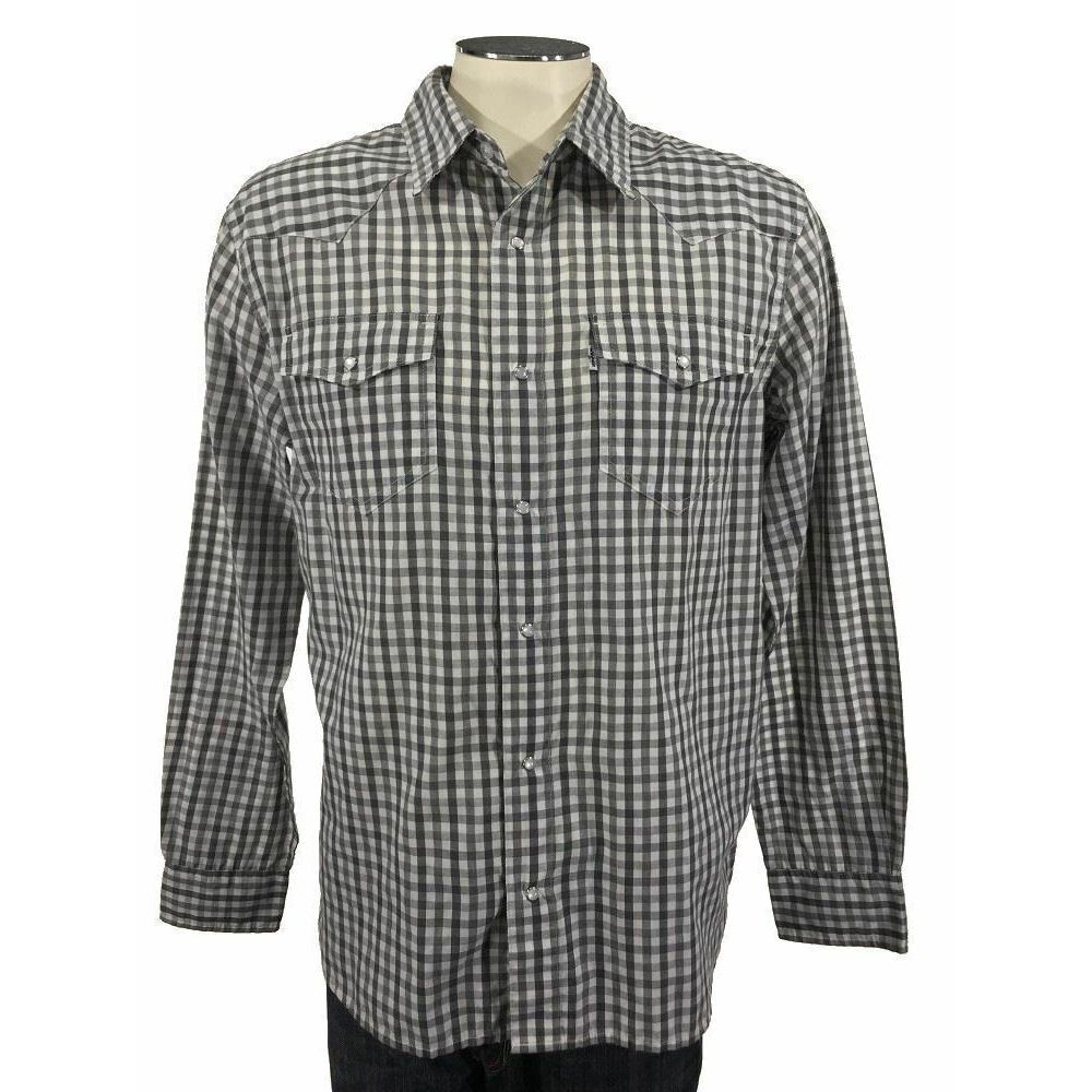 Levis Western Pearl Snap Shirt M Modern Gray White Plaid Cowboy Mens
